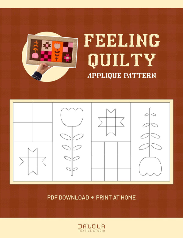 Cover of 'Feeling Quilty' applique pattern book with quilt design and patterns on a brown background.